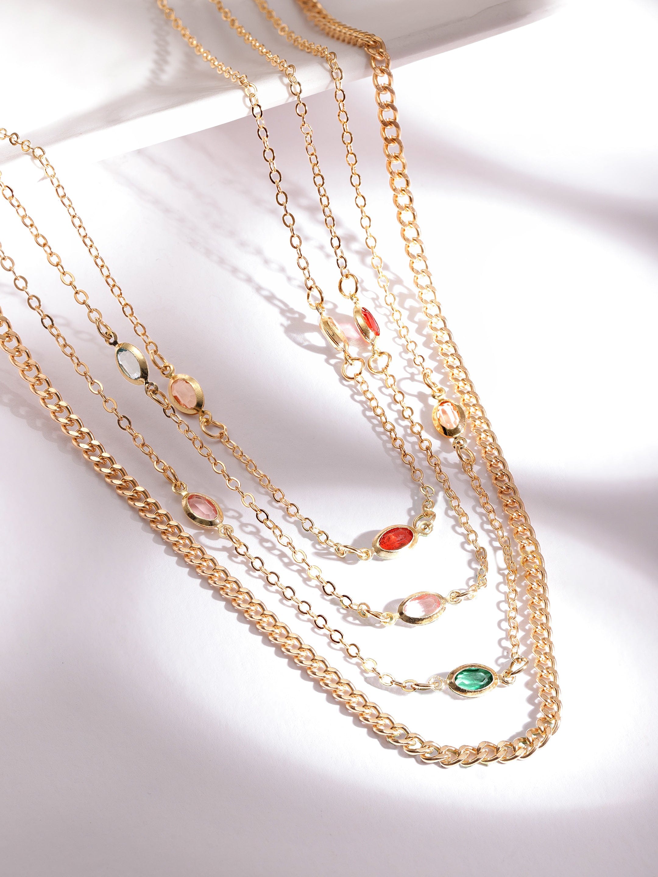 Multicolor Crystal Studded Layered Gold Necklace