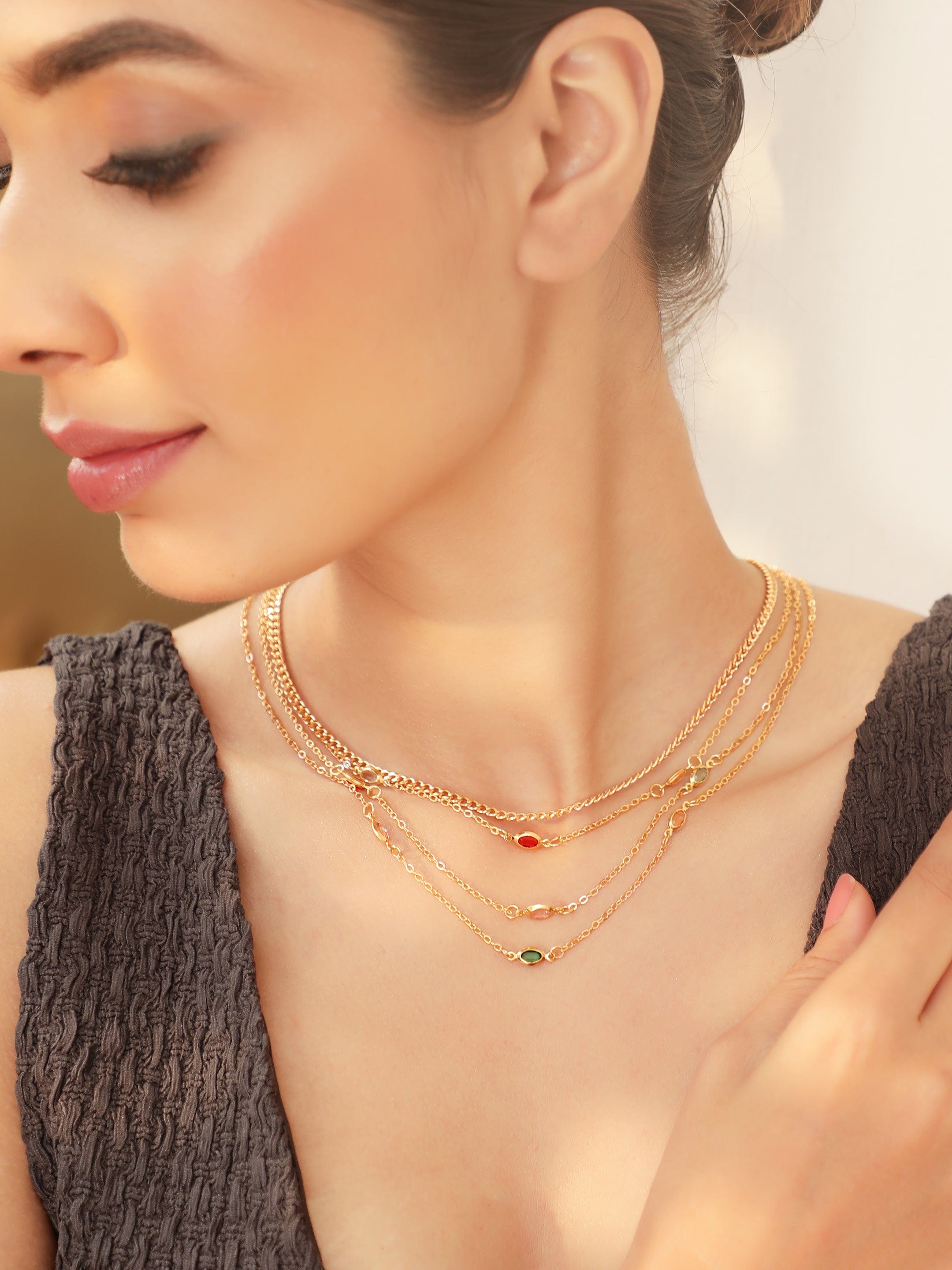 Multicolor Crystal Studded Layered Gold Necklace