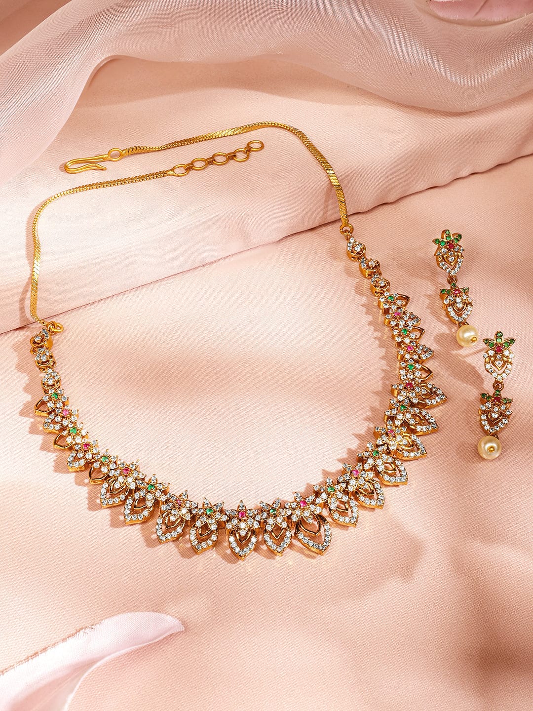 American Diamond Zirconia Red & Green Necklace Set