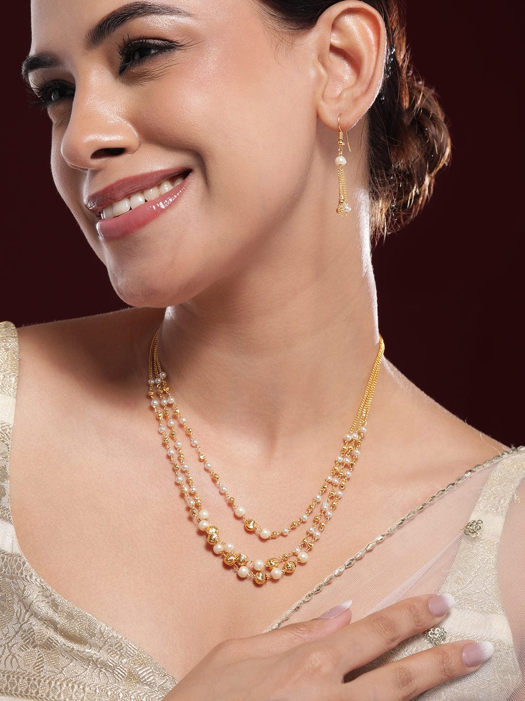 Triple Layered Pearl Beaded Necklace Set