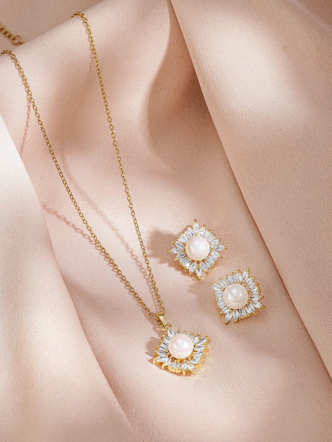 Crystal Studded Pearl Embellished Necklace Set