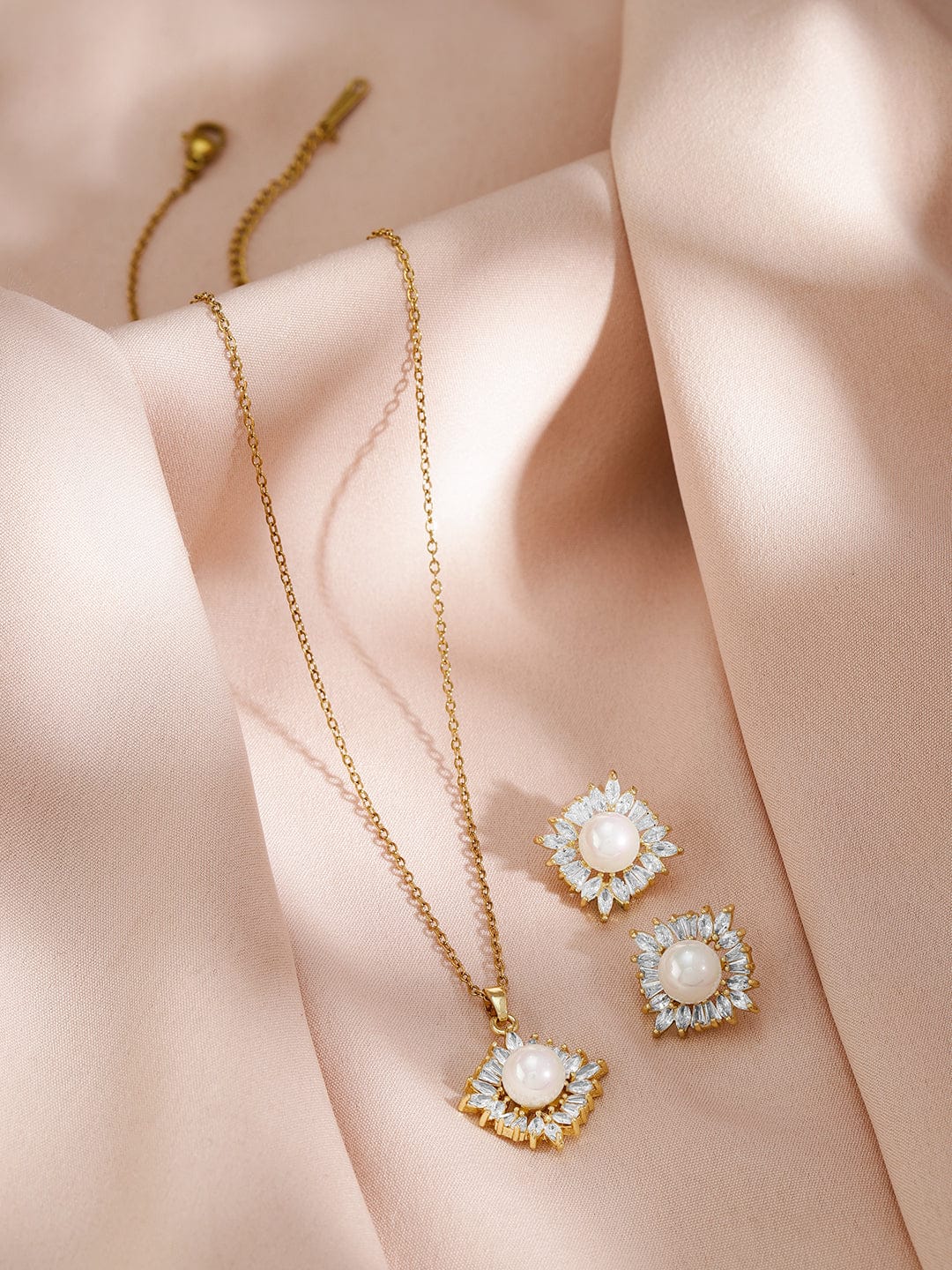 Crystal Studded Pearl Embellished Necklace Set