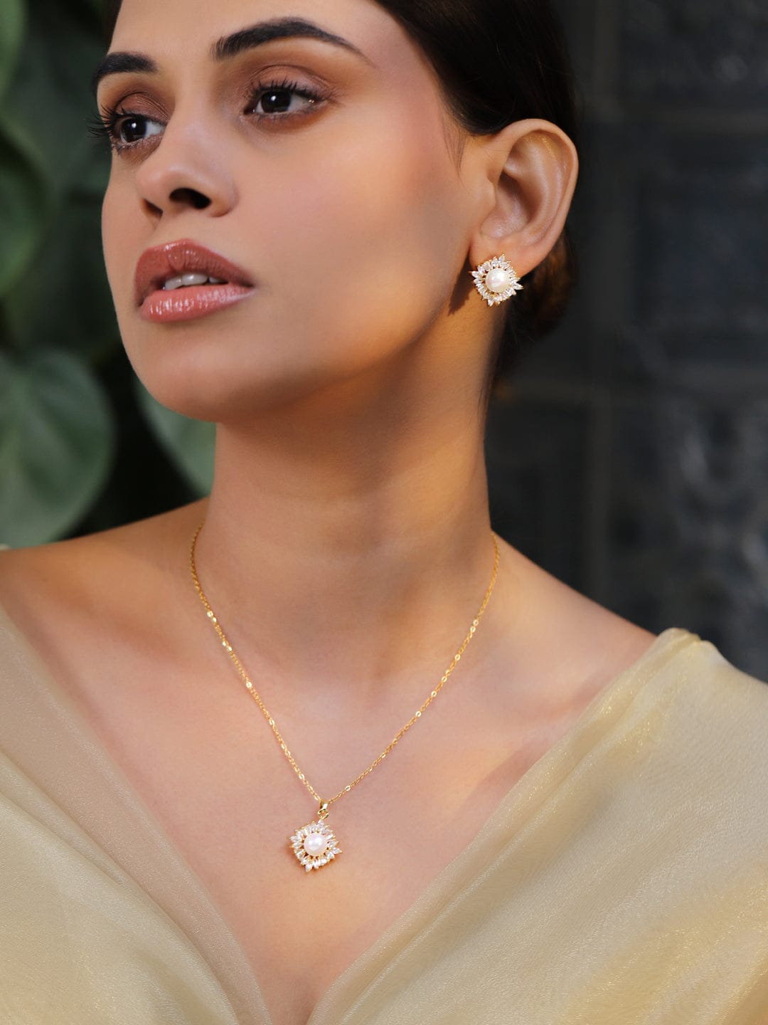 Crystal Studded Pearl Embellished Necklace Set