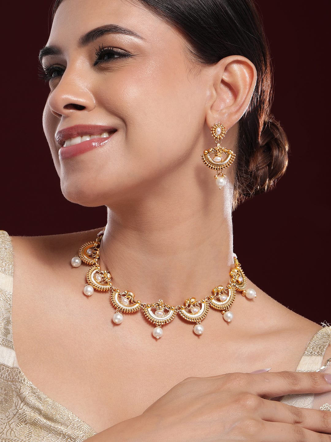 Golden Temple Necklace Set with Pearl Drops