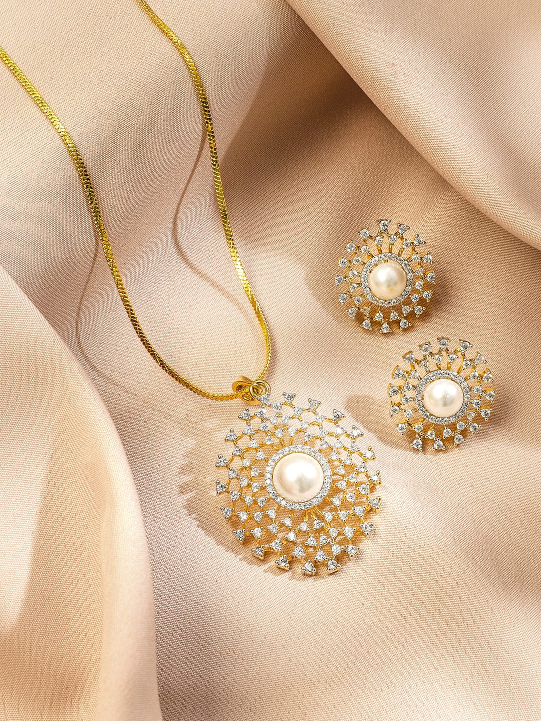 American Diamond Zirconia Pearl Beaded Necklace Set
