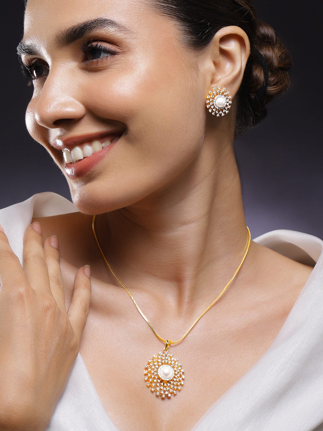 American Diamond Zirconia Pearl Beaded Necklace Set