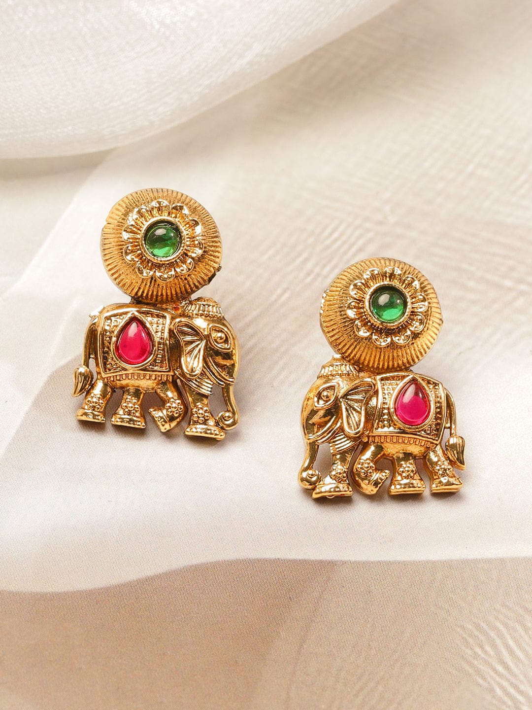 Pink & Green Studded Elephant Motif Necklace Set