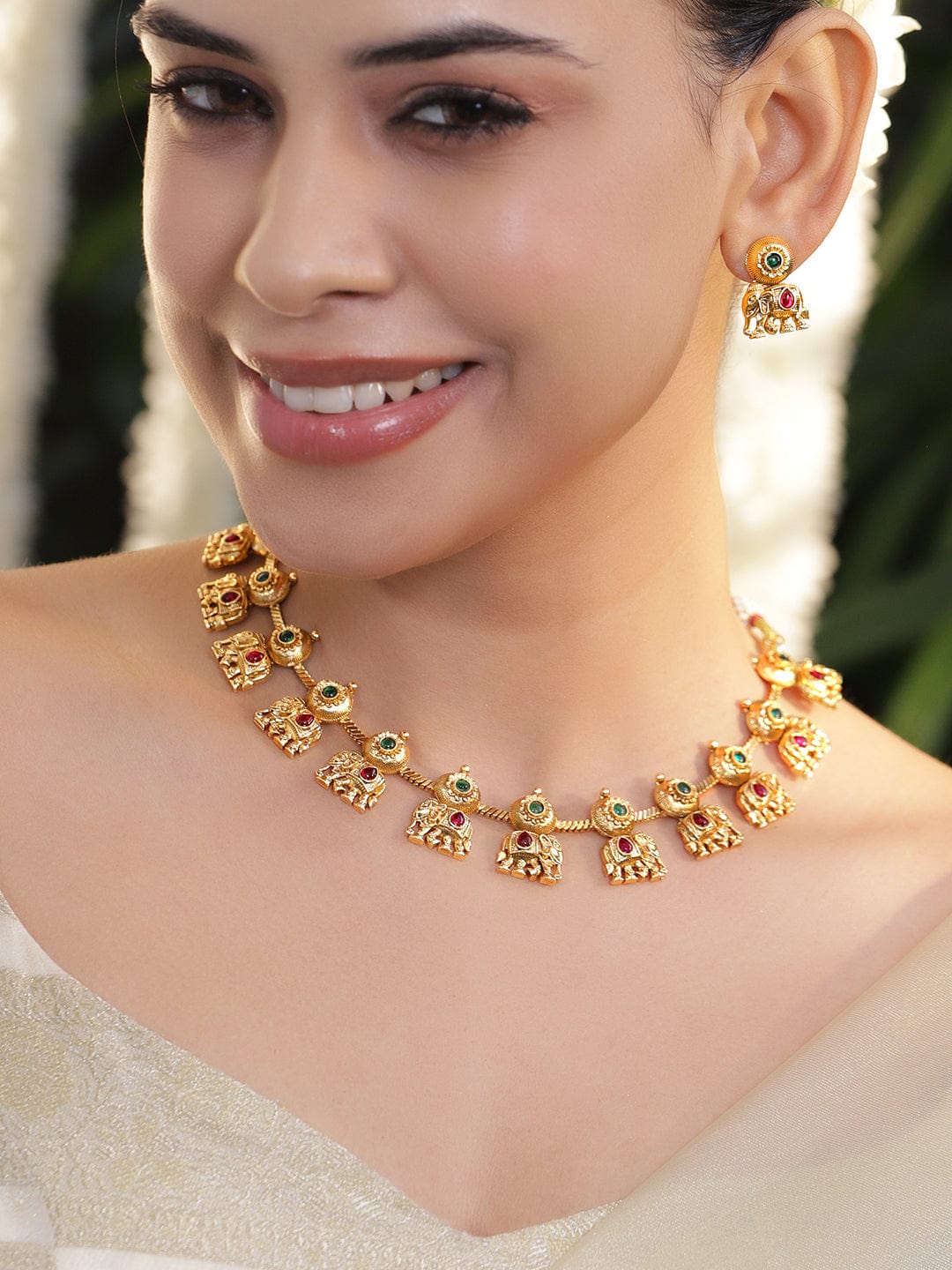 Pink & Green Studded Elephant Motif Necklace Set