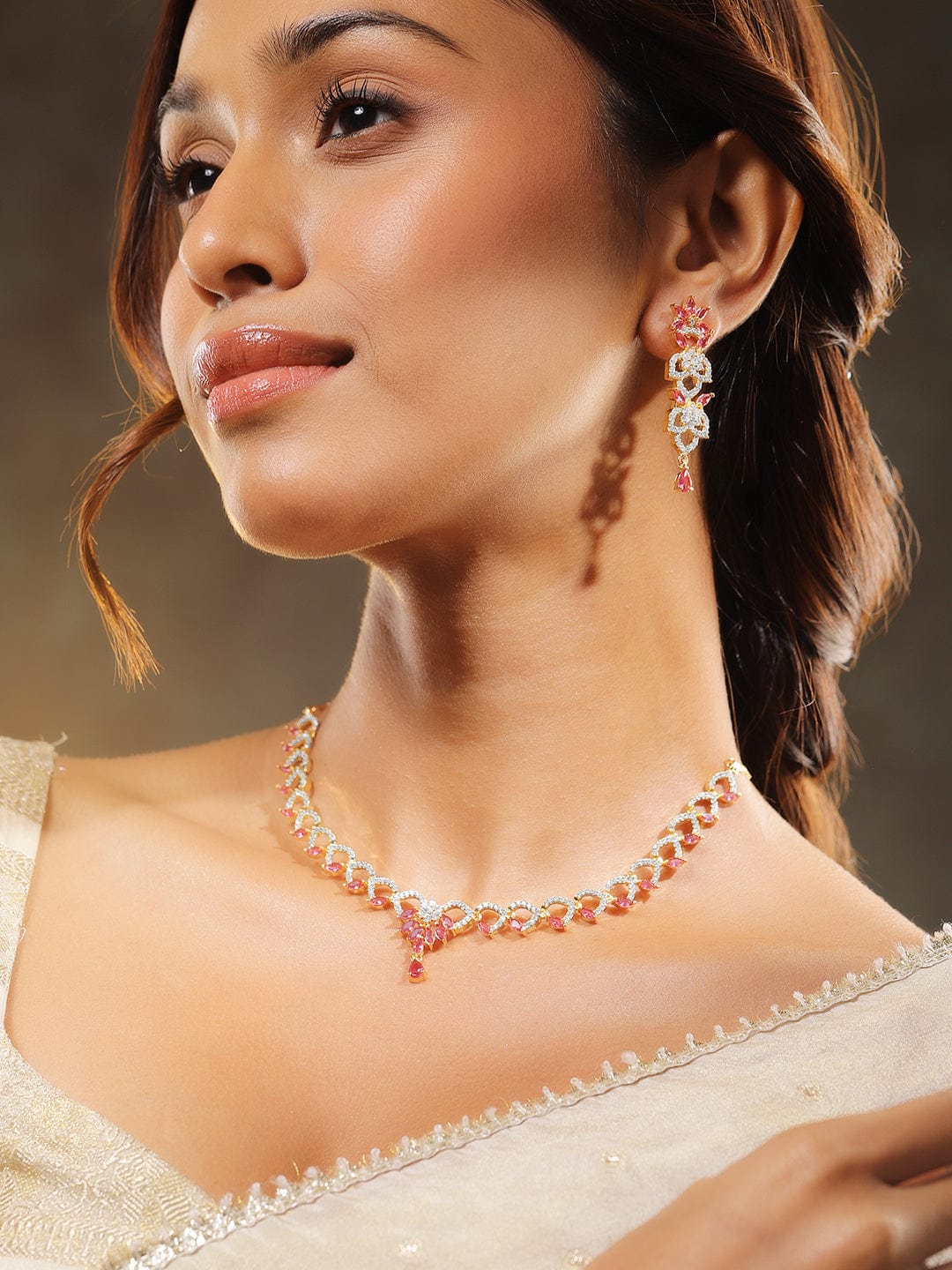 American Diamond Zirconia Pink Floral Necklace Set