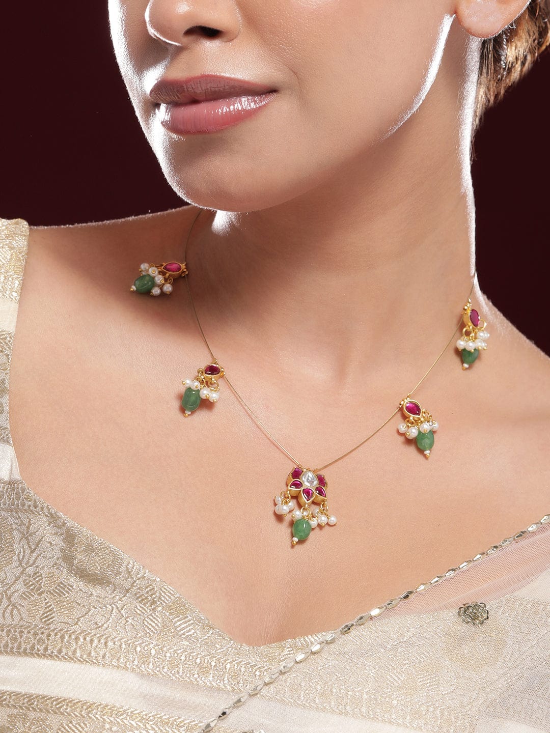 Floral Pink & Green Kundan Chain Necklace