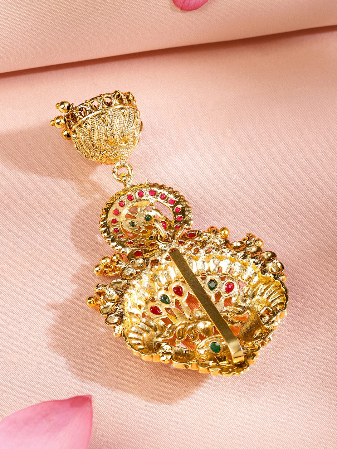 Wentra 18K Gold-Plated Ruby Pink & Emerald Green Stone Studded Temple Braid Hair Accessory with Jhumka Drop