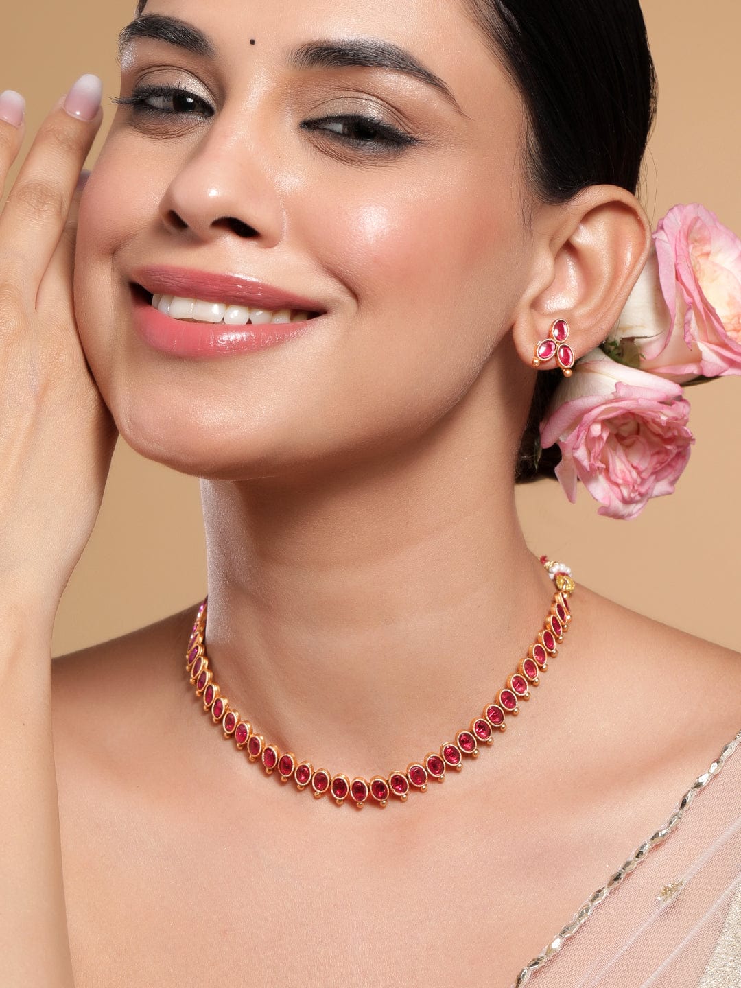 Ruby Studded Short Necklace Set