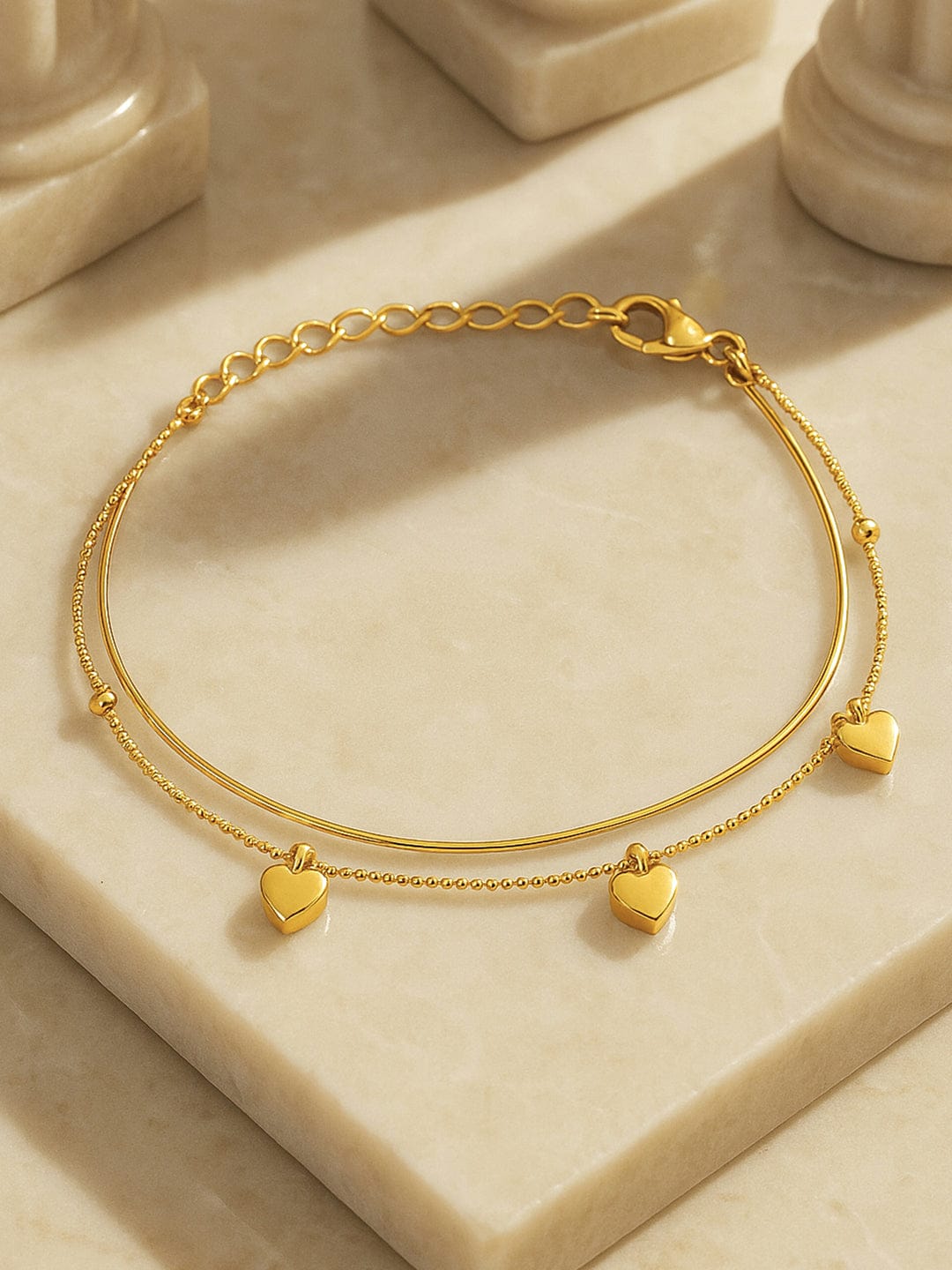 Gold Toned Double Layered Heart Motif Anklet