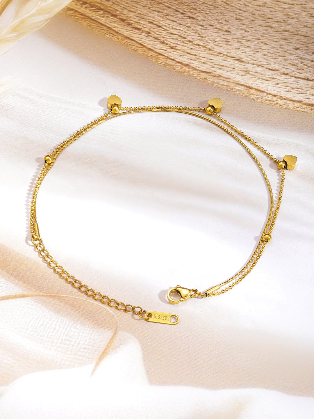 Gold Toned Double Layered Heart Motif Anklet