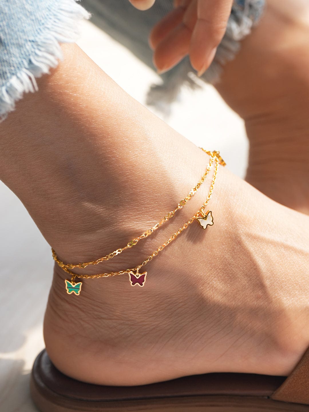 Wentra 18K Gold-Plated Stainless Steel Tarnish-Free Waterproof Multicolor Butterfly Anklet