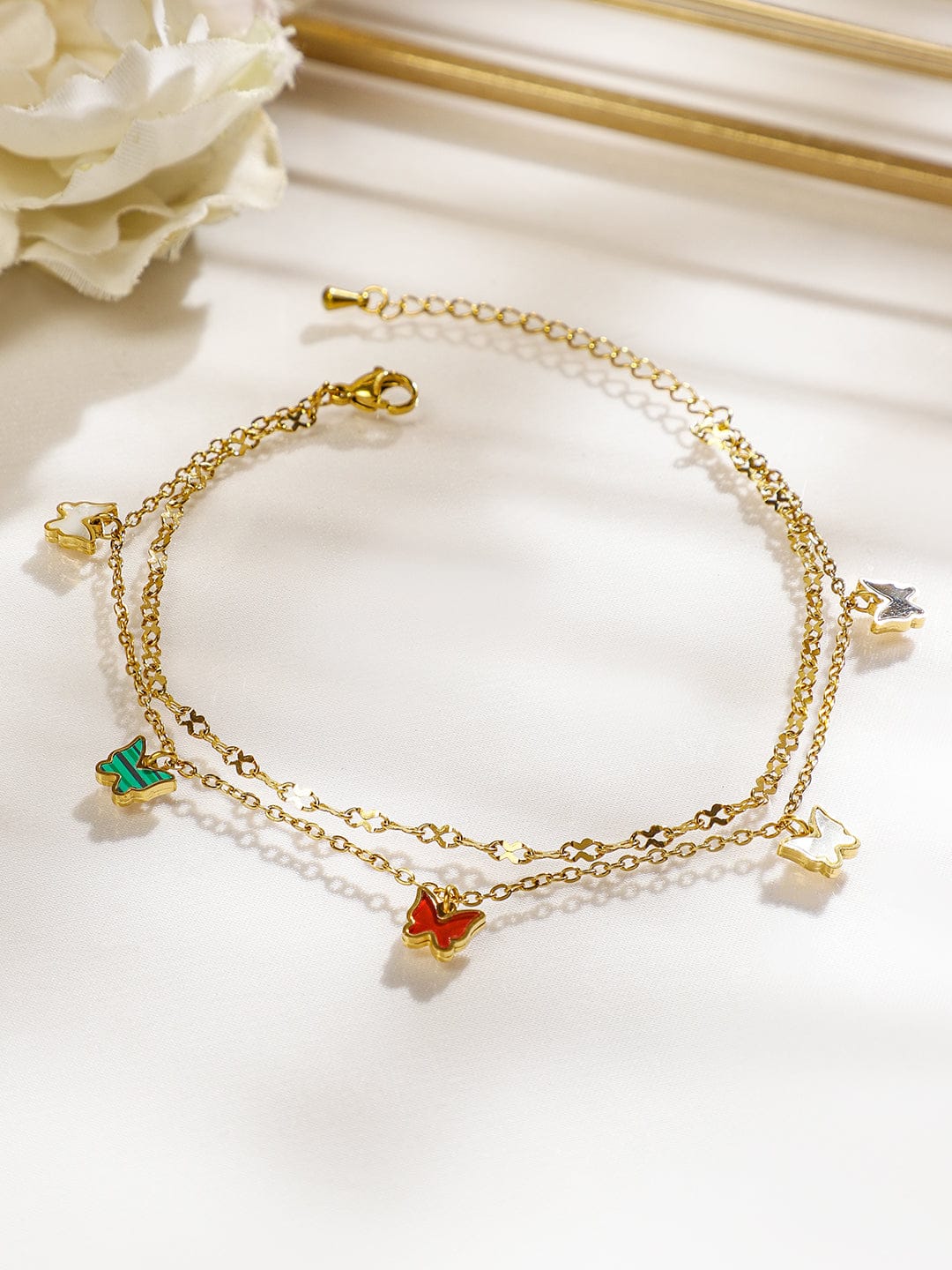 Wentra 18K Gold-Plated Stainless Steel Tarnish-Free Waterproof Multicolor Butterfly Anklet