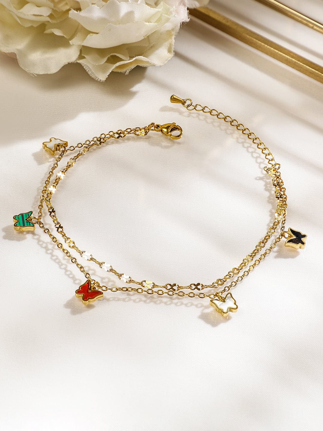 Wentra 18K Gold-Plated Stainless Steel Tarnish-Free Waterproof Multicolor Butterfly Anklet