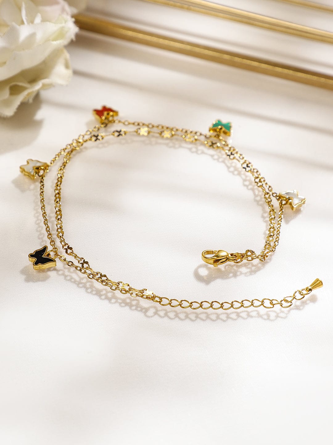 Wentra 18K Gold-Plated Stainless Steel Tarnish-Free Waterproof Multicolor Butterfly Anklet