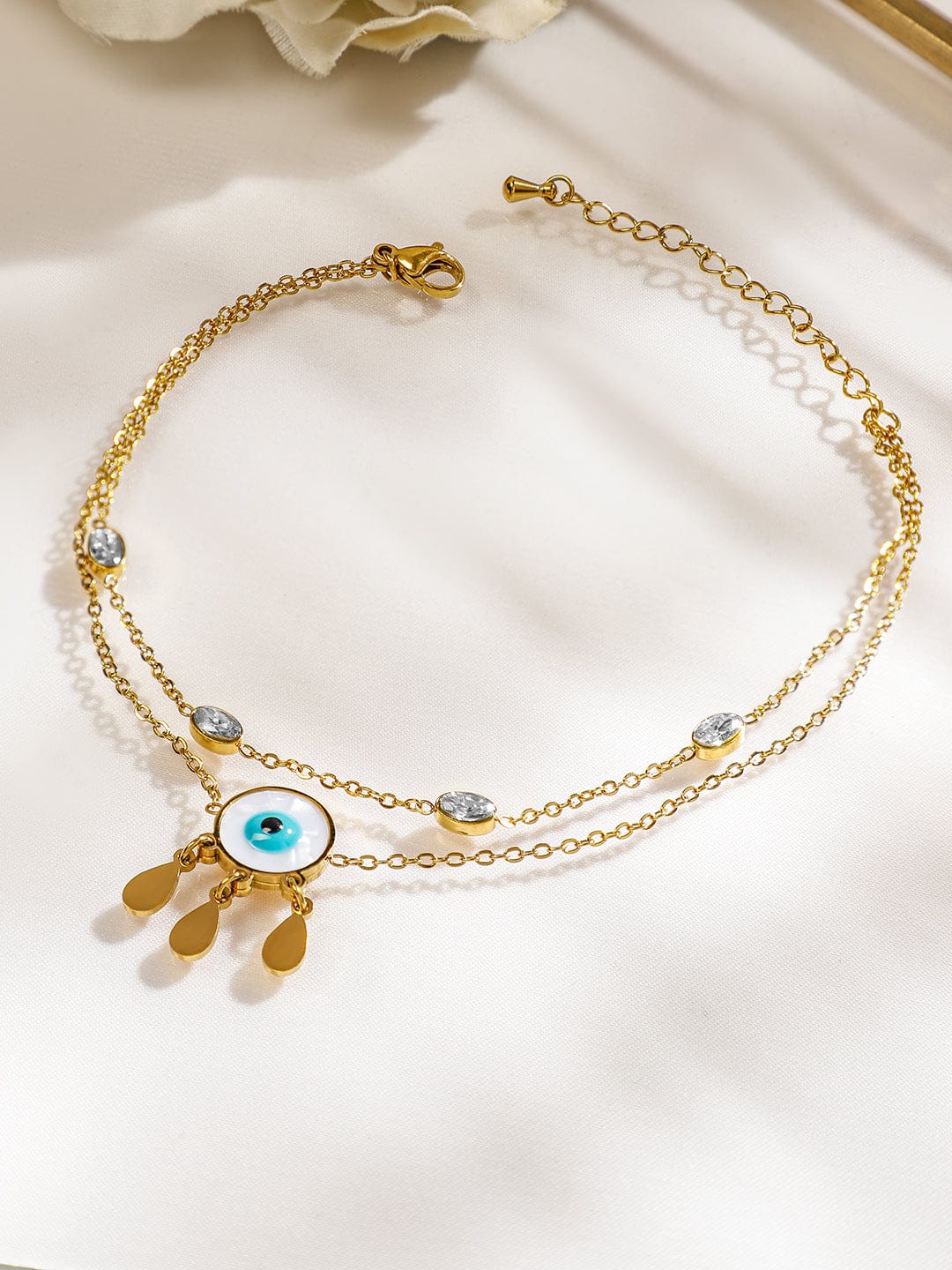 Wentra 18K Gold-Plated Stainless Steel Tarnish-Free Waterproof Zirconia & Evil Eye Anklet