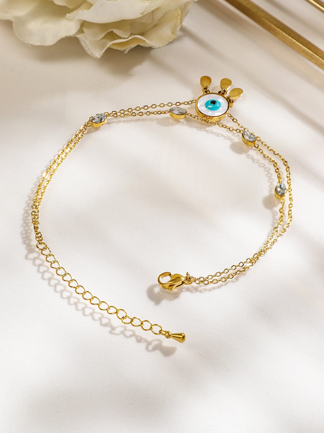 Wentra 18K Gold-Plated Stainless Steel Tarnish-Free Waterproof Zirconia & Evil Eye Anklet