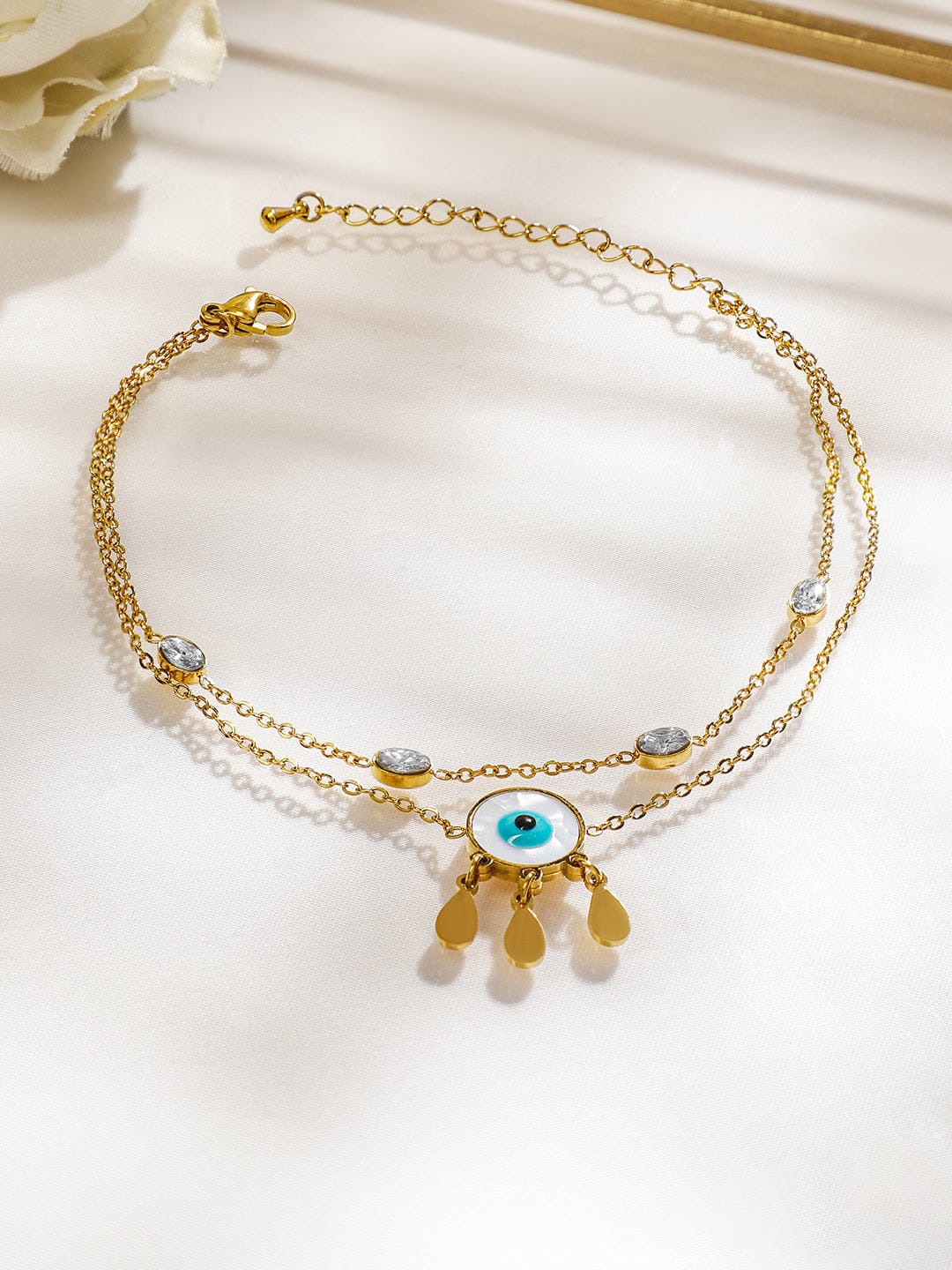 Wentra 18K Gold-Plated Stainless Steel Tarnish-Free Waterproof Zirconia & Evil Eye Anklet