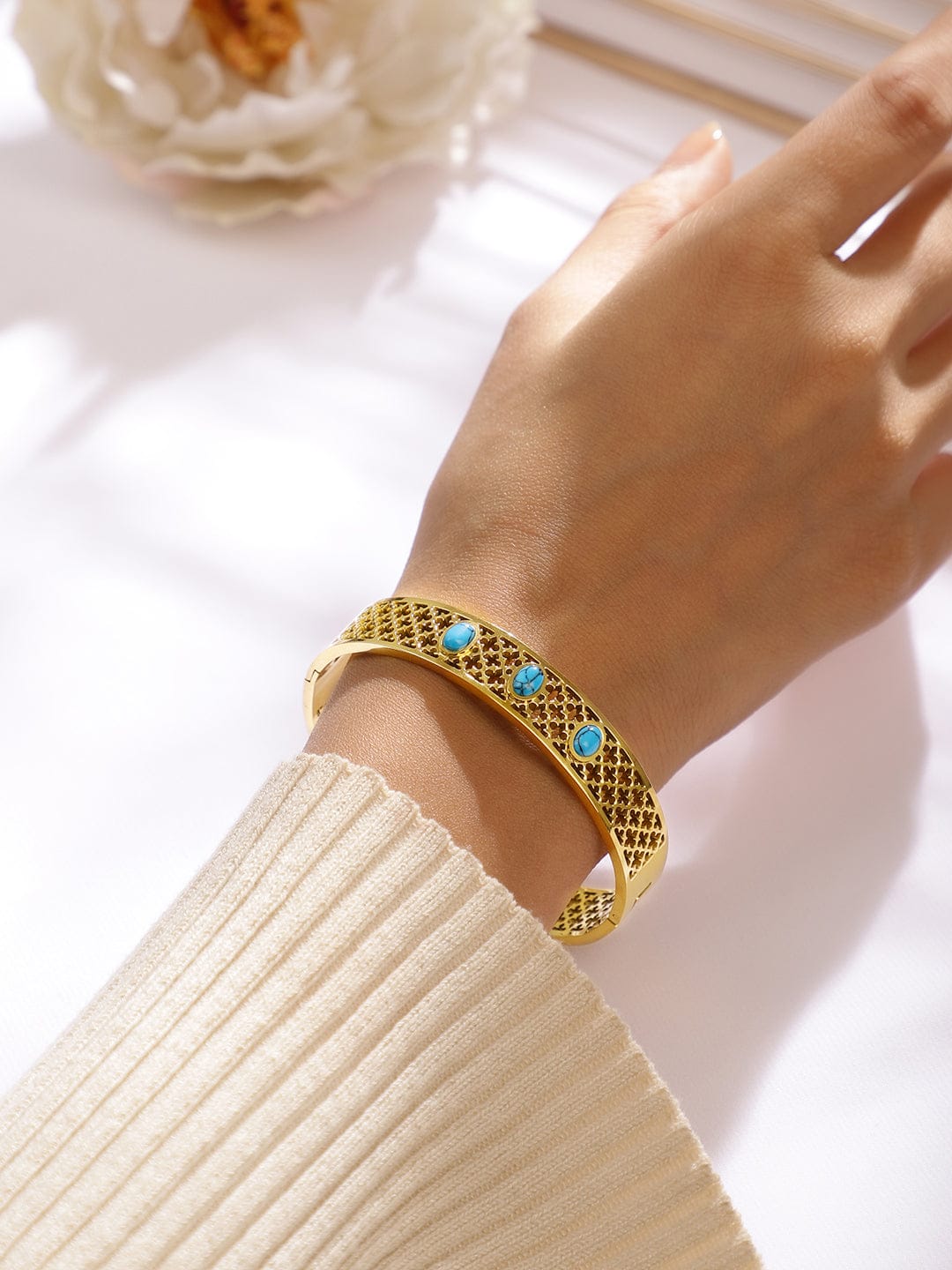 Wentra 18K Gold-Plated Stainless Steel TarnishFree Waterproof Filigree Blue Stone Bracelet