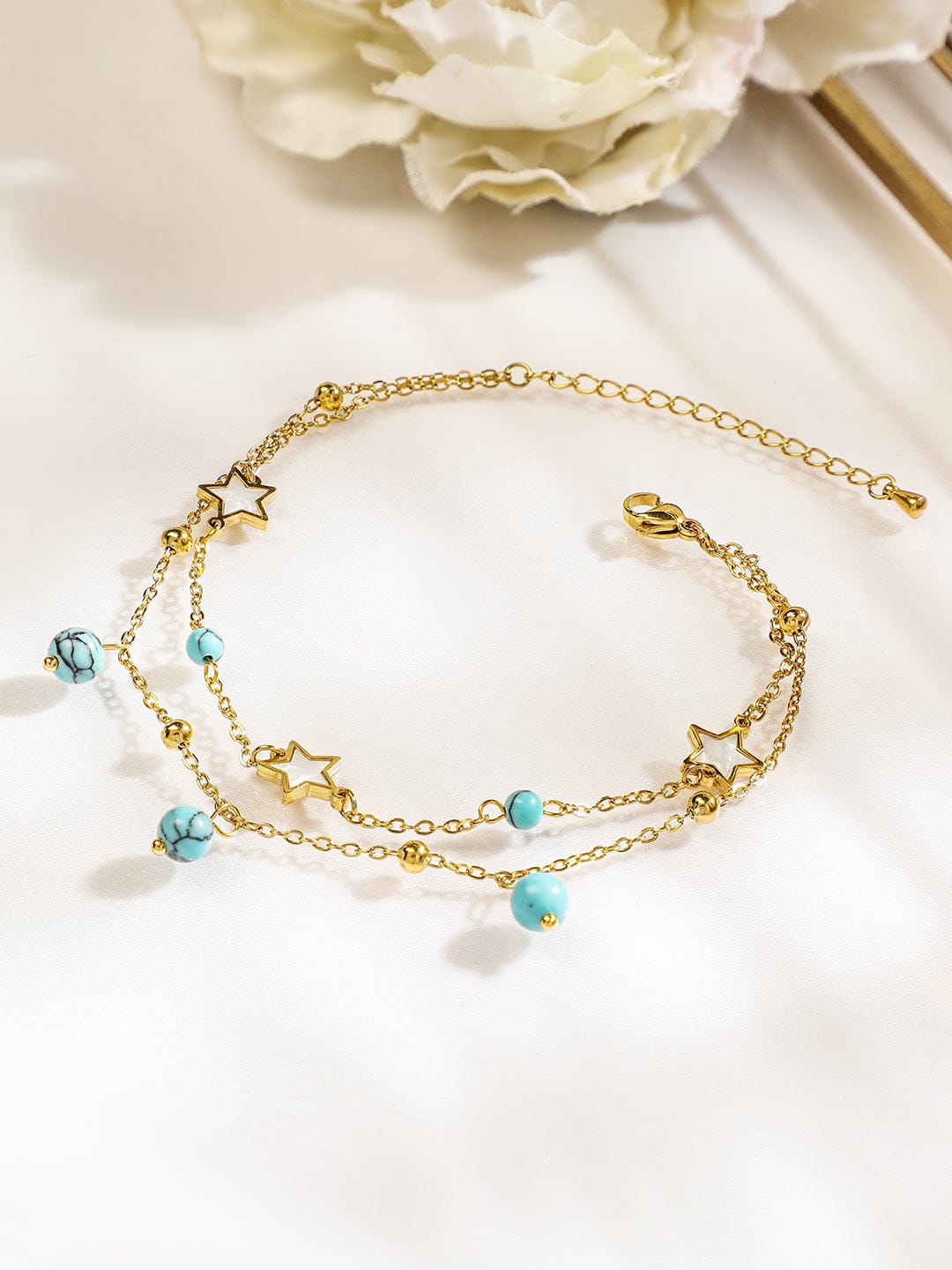 Wentra 18K Gold-Plated StainlessSteel TarnishFree Waterproof Turquoise Beads & Star Anklet