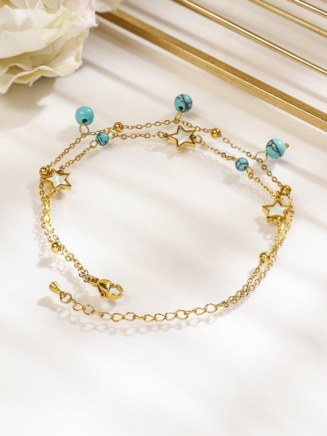 Wentra 18K Gold-Plated StainlessSteel TarnishFree Waterproof Turquoise Beads & Star Anklet