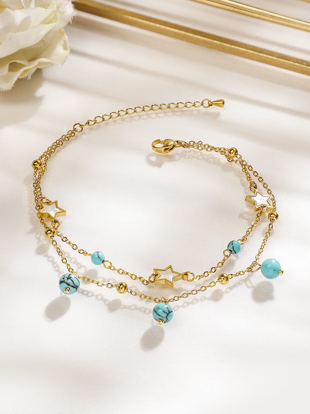 Wentra 18K Gold-Plated StainlessSteel TarnishFree Waterproof Turquoise Beads & Star Anklet