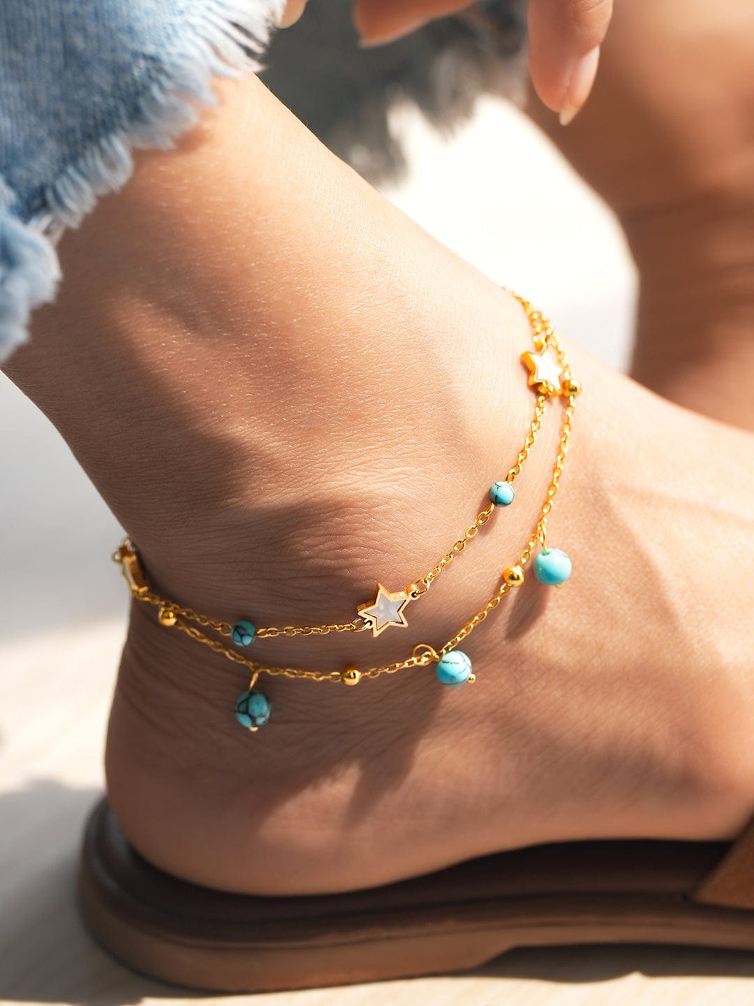 Wentra 18K Gold-Plated StainlessSteel TarnishFree Waterproof Turquoise Beads & Star Anklet