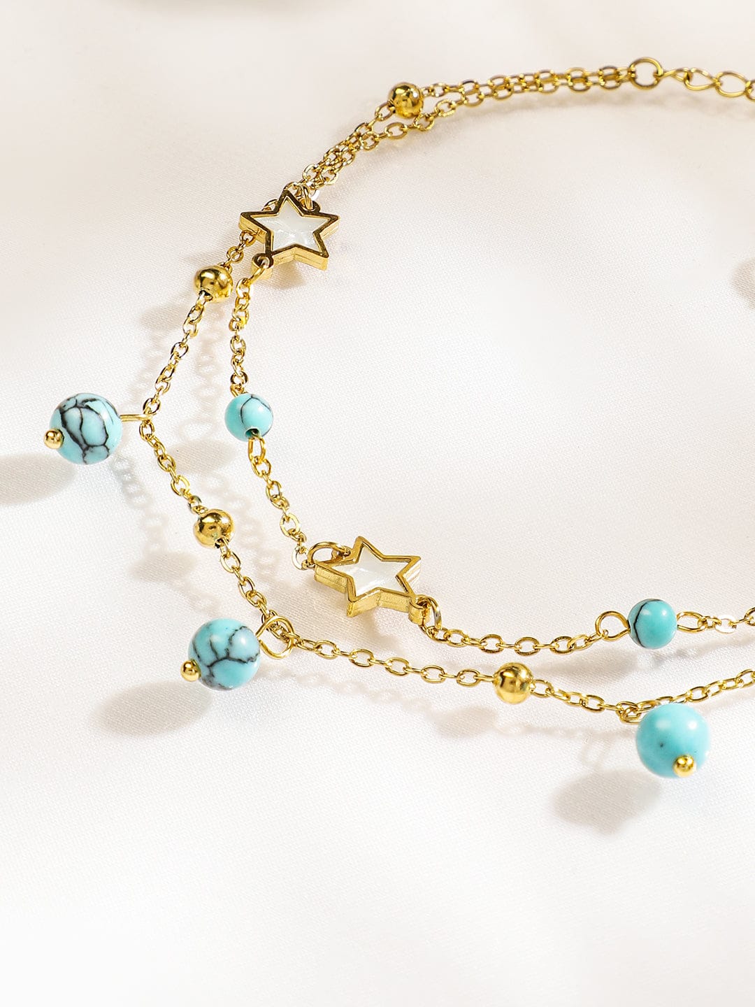 Wentra 18K Gold-Plated StainlessSteel TarnishFree Waterproof Turquoise Beads & Star Anklet