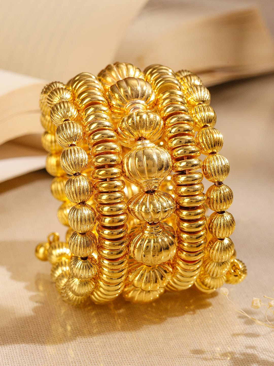 Wentra 18K Gold-Plated Textured Golden Beaded Statement Bracelet for Women