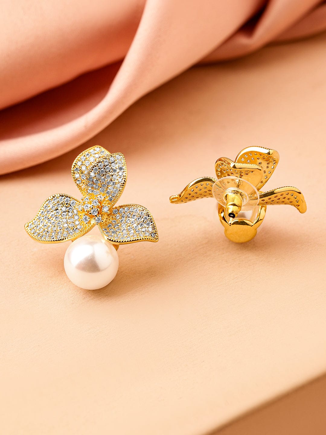 Sculpted Elegance Floral American Diamond Zirconia Pearl Drop