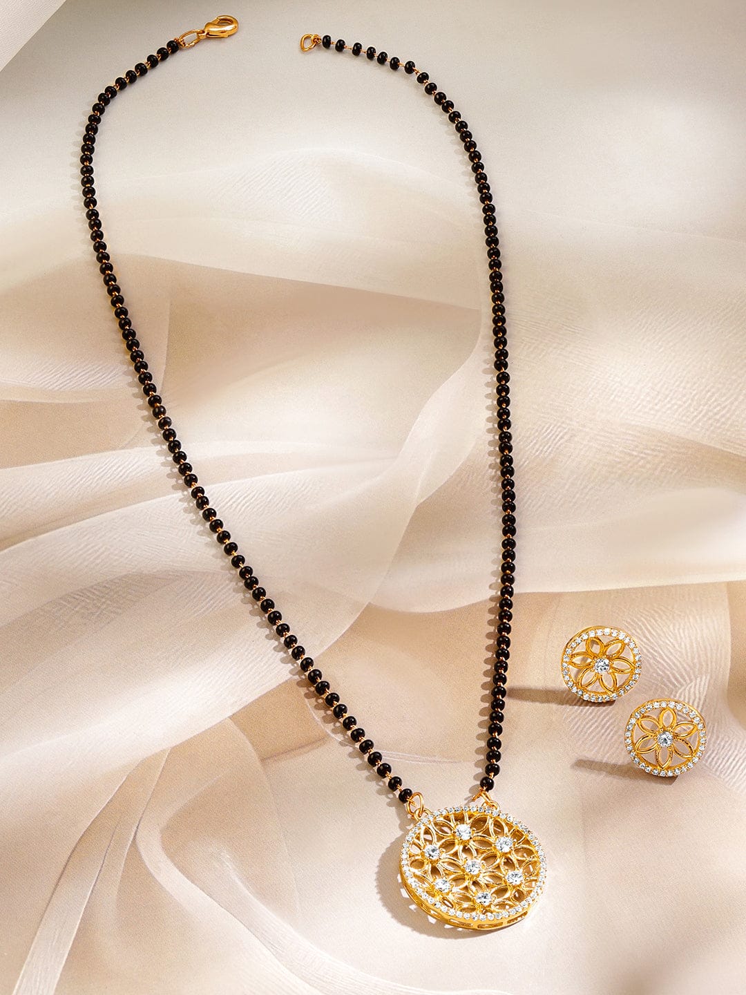 American Diamond Zirconia Gold Floral Pendant Mangalsutra Set