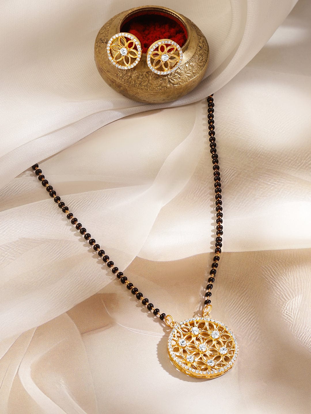 American Diamond Zirconia Gold Floral Pendant Mangalsutra Set