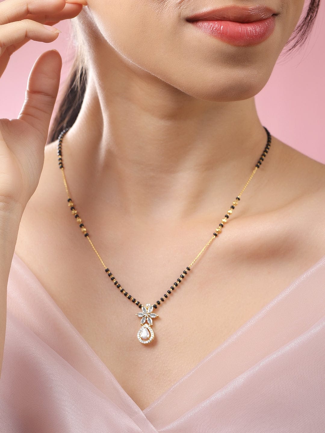 Wentra 18K Gold-Plated White Cubic Zirconia Studded Floral & Teardrop Pendant Mangalsutra with Black & Gold Beaded Chain