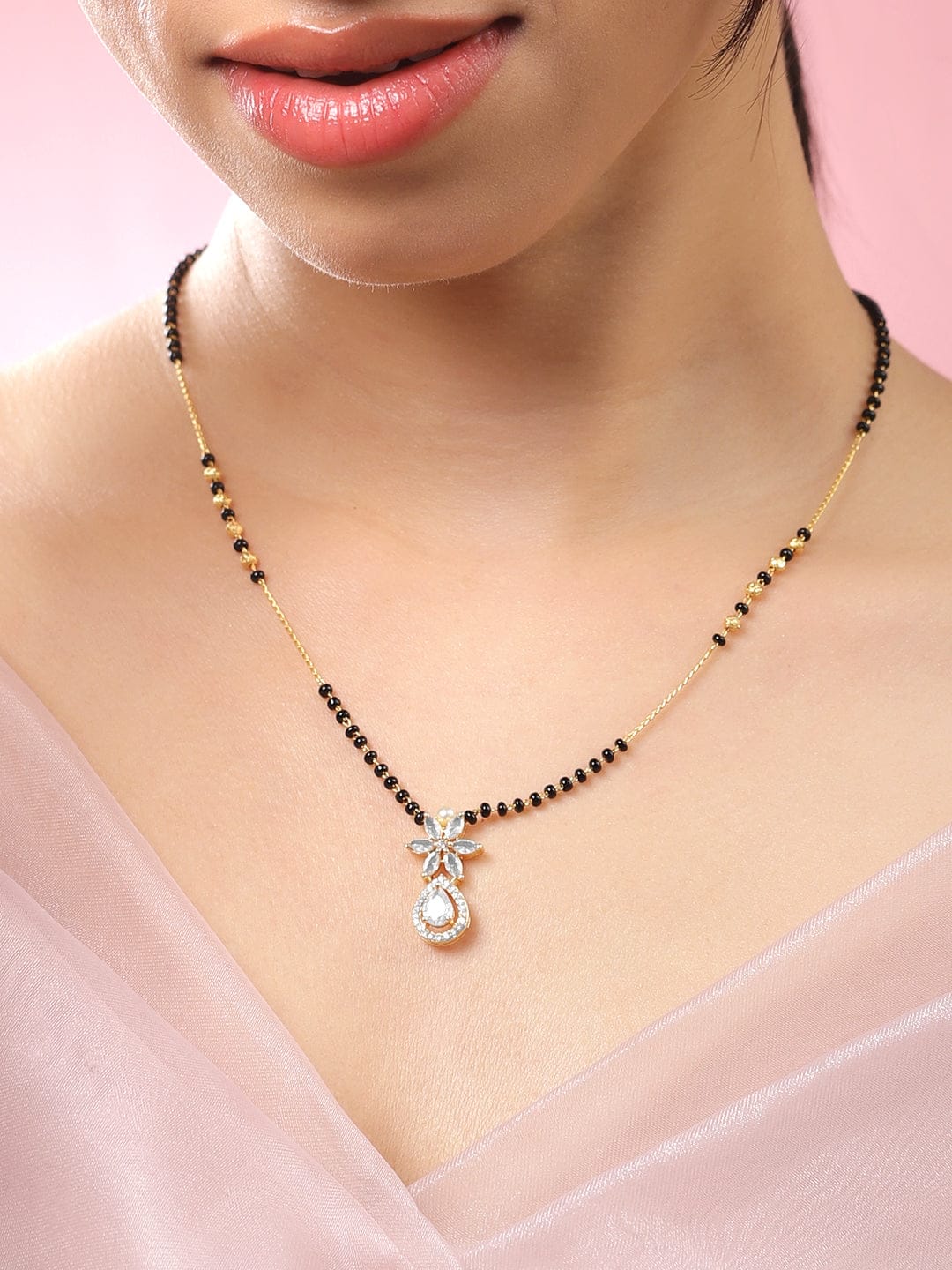 Wentra 18K Gold-Plated White Cubic Zirconia Studded Floral & Teardrop Pendant Mangalsutra with Black & Gold Beaded Chain