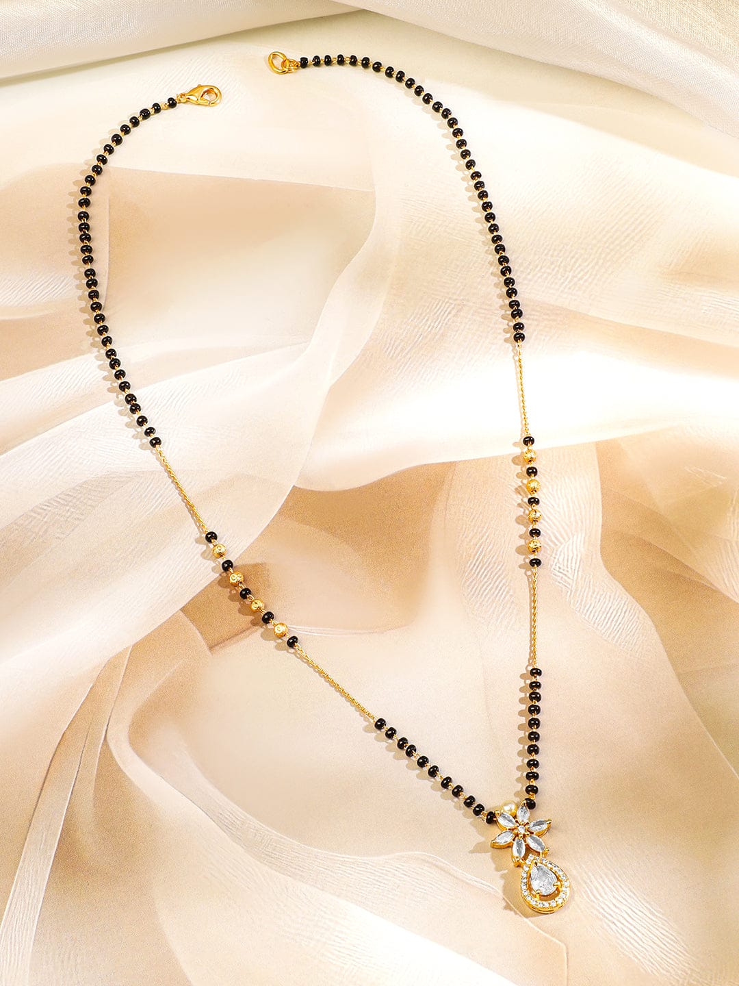 Wentra 18K Gold-Plated White Cubic Zirconia Studded Floral & Teardrop Pendant Mangalsutra with Black & Gold Beaded Chain