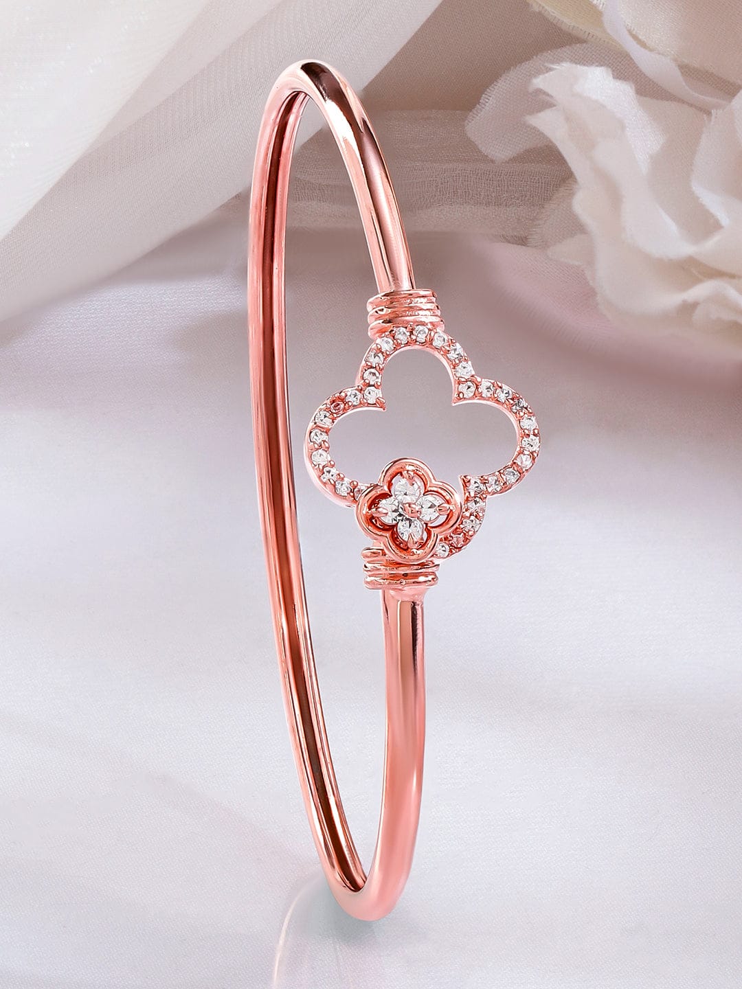 Wentra 18K Rose Gold-Plated Crystal Zirconia Studded Clover Motif Sleek Bracelet