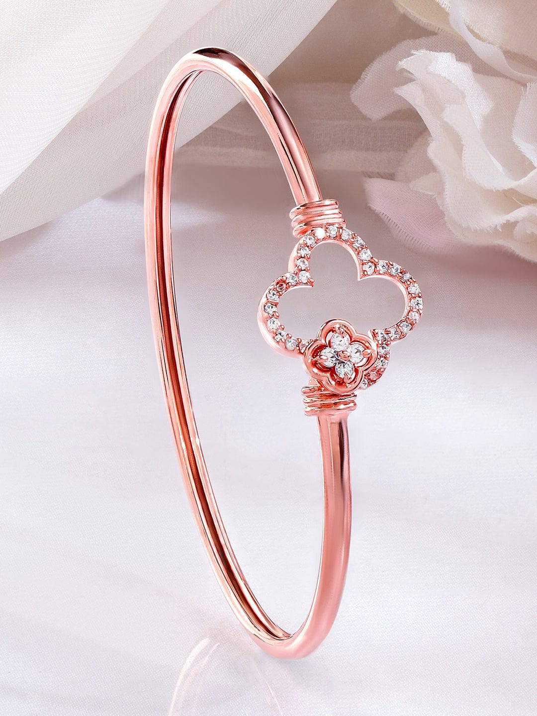 Wentra 18K Rose Gold-Plated Crystal Zirconia Studded Clover Motif Sleek Bracelet