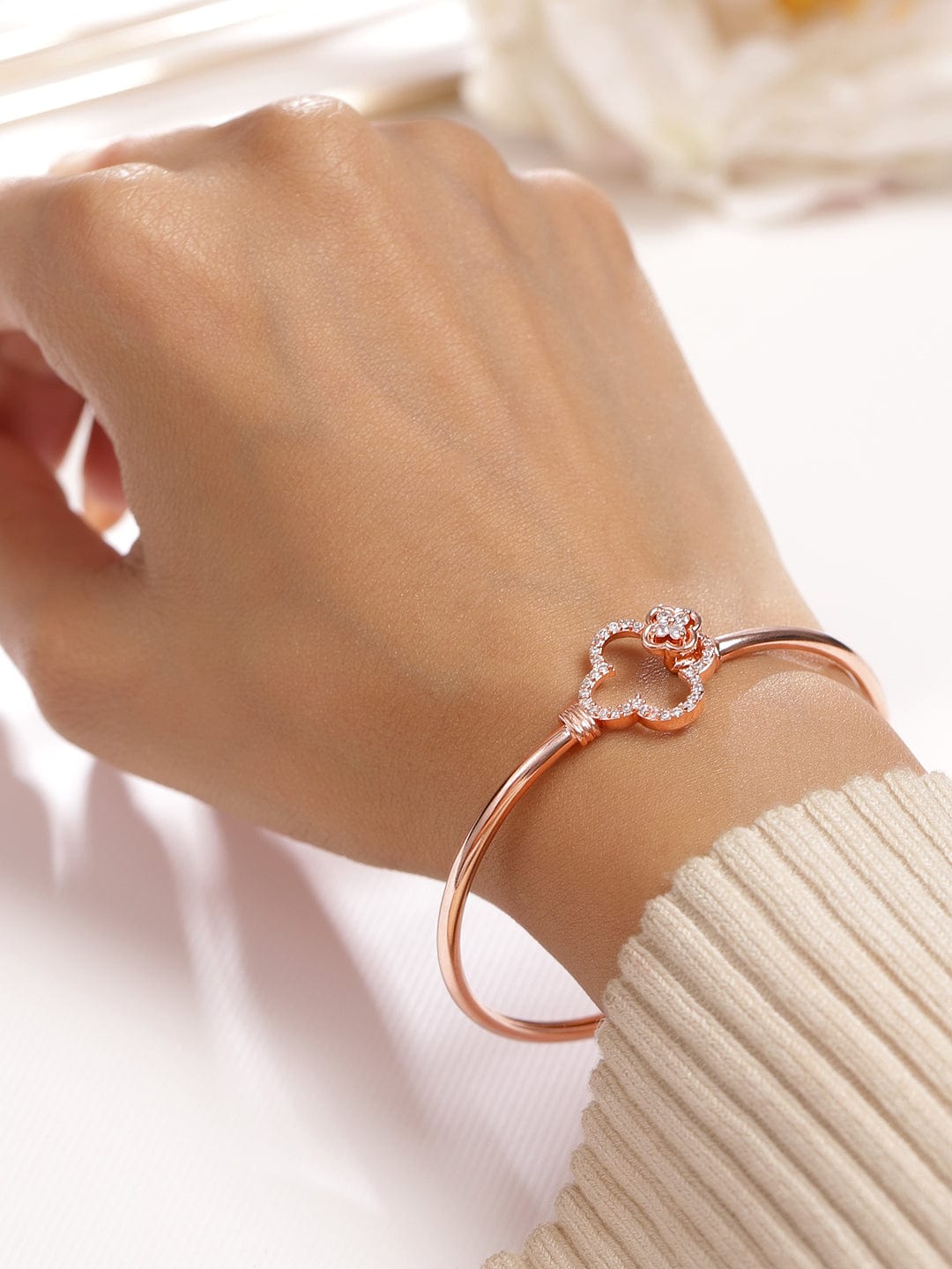Wentra 18K Rose Gold-Plated Crystal Zirconia Studded Clover Motif Sleek Bracelet