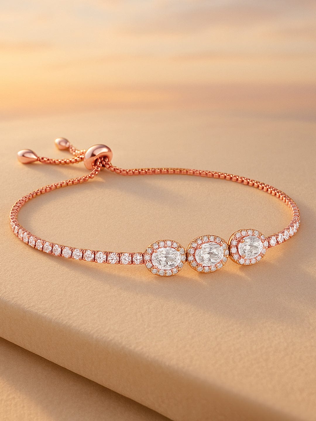 Wentra 18K Rose Gold Plated Cubic Zirconia Studded Adjustable Pull Chain Bracelet