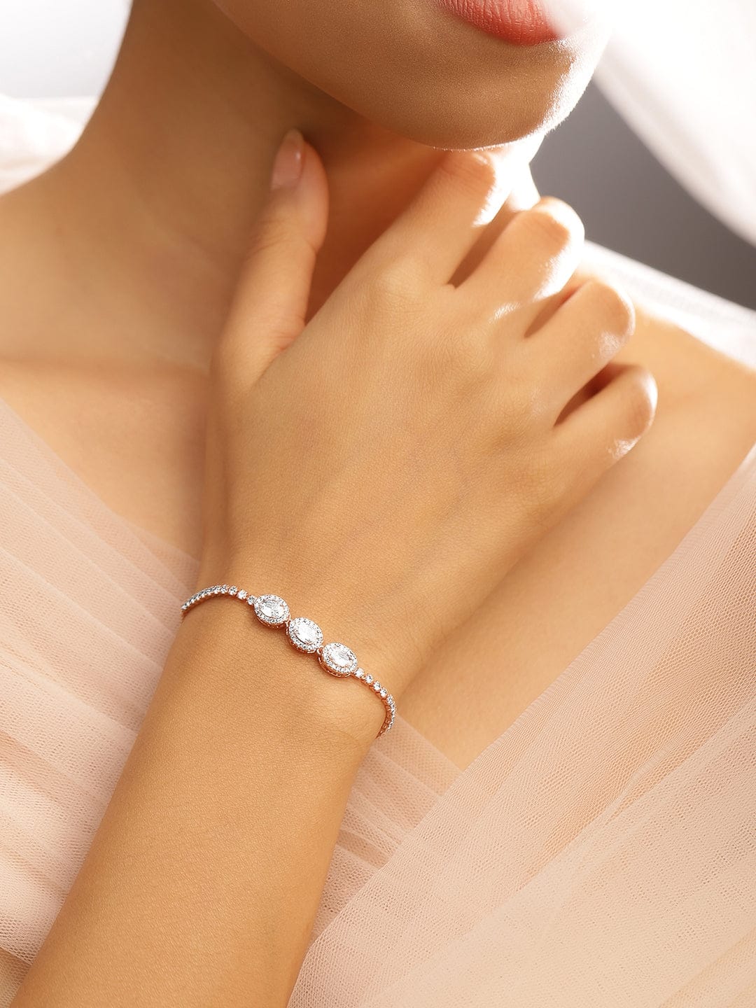 Wentra 18K Rose Gold Plated Cubic Zirconia Studded Adjustable Pull Chain Bracelet
