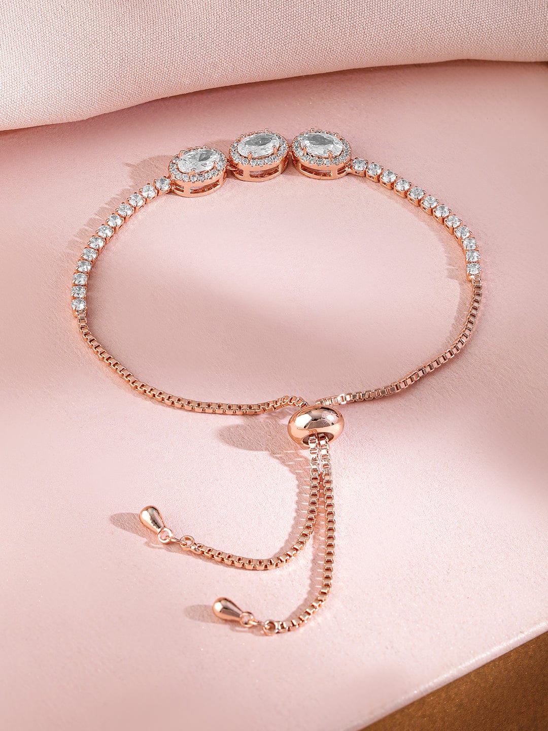 Wentra 18K Rose Gold Plated Cubic Zirconia Studded Adjustable Pull Chain Bracelet