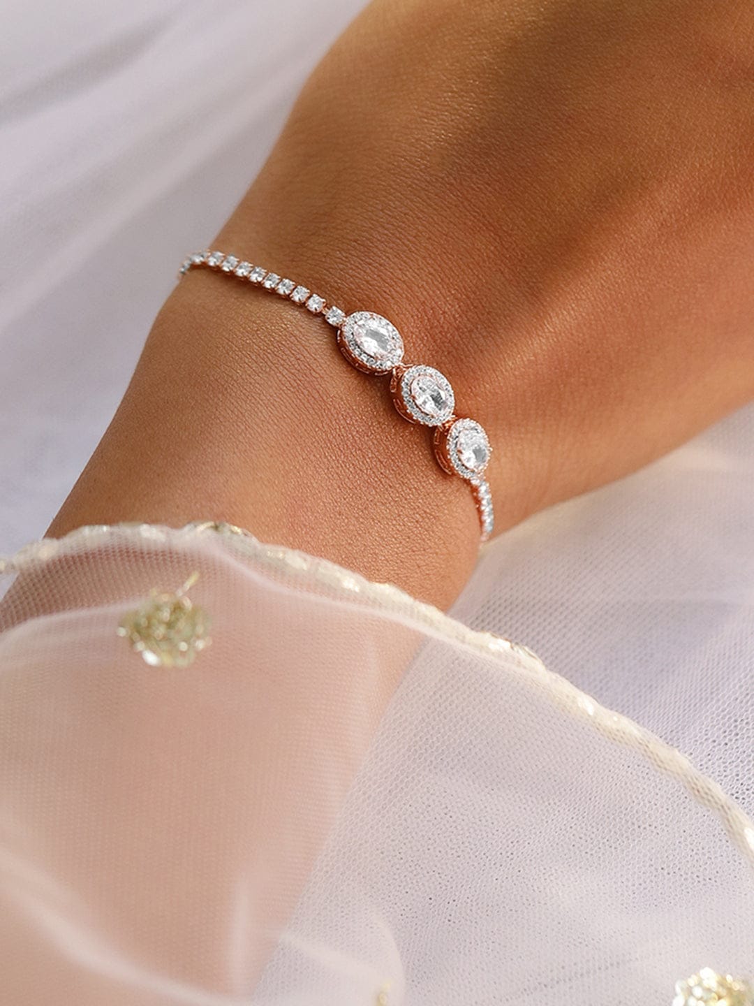 Wentra 18K Rose Gold Plated Cubic Zirconia Studded Adjustable Pull Chain Bracelet