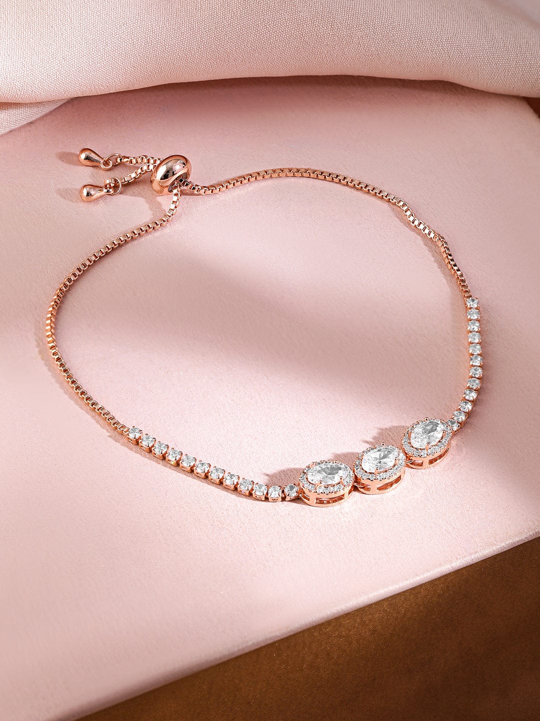Wentra 18K Rose Gold Plated Cubic Zirconia Studded Adjustable Pull Chain Bracelet