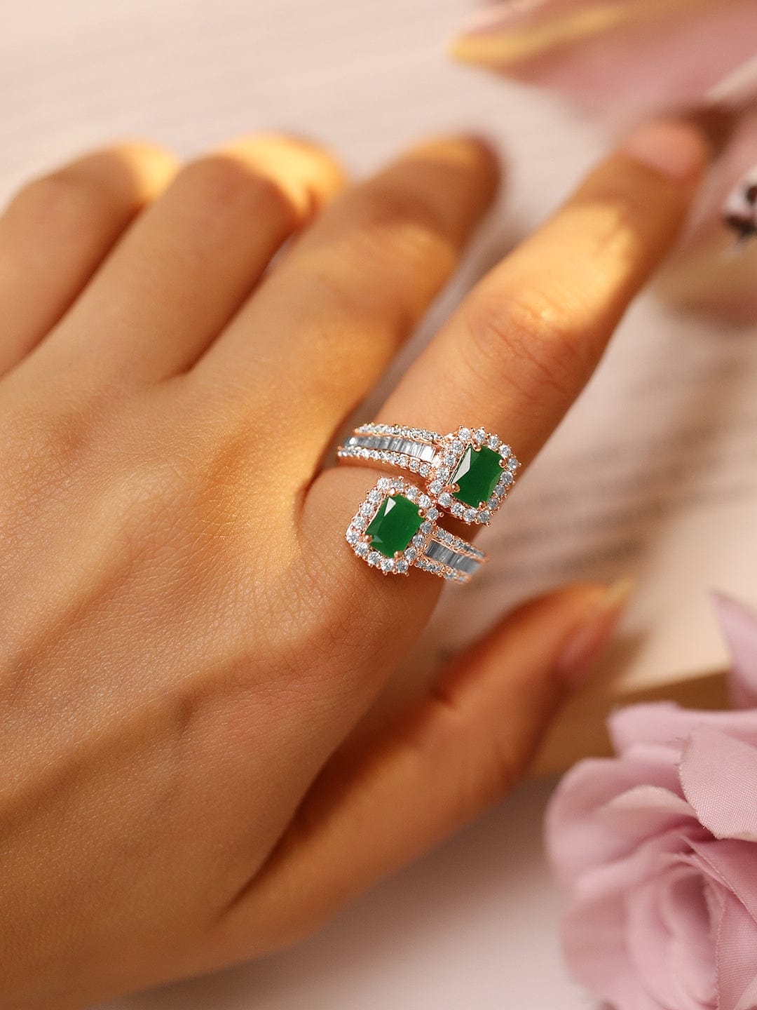 Green American Diamond Zirconia Rose Gold Ring