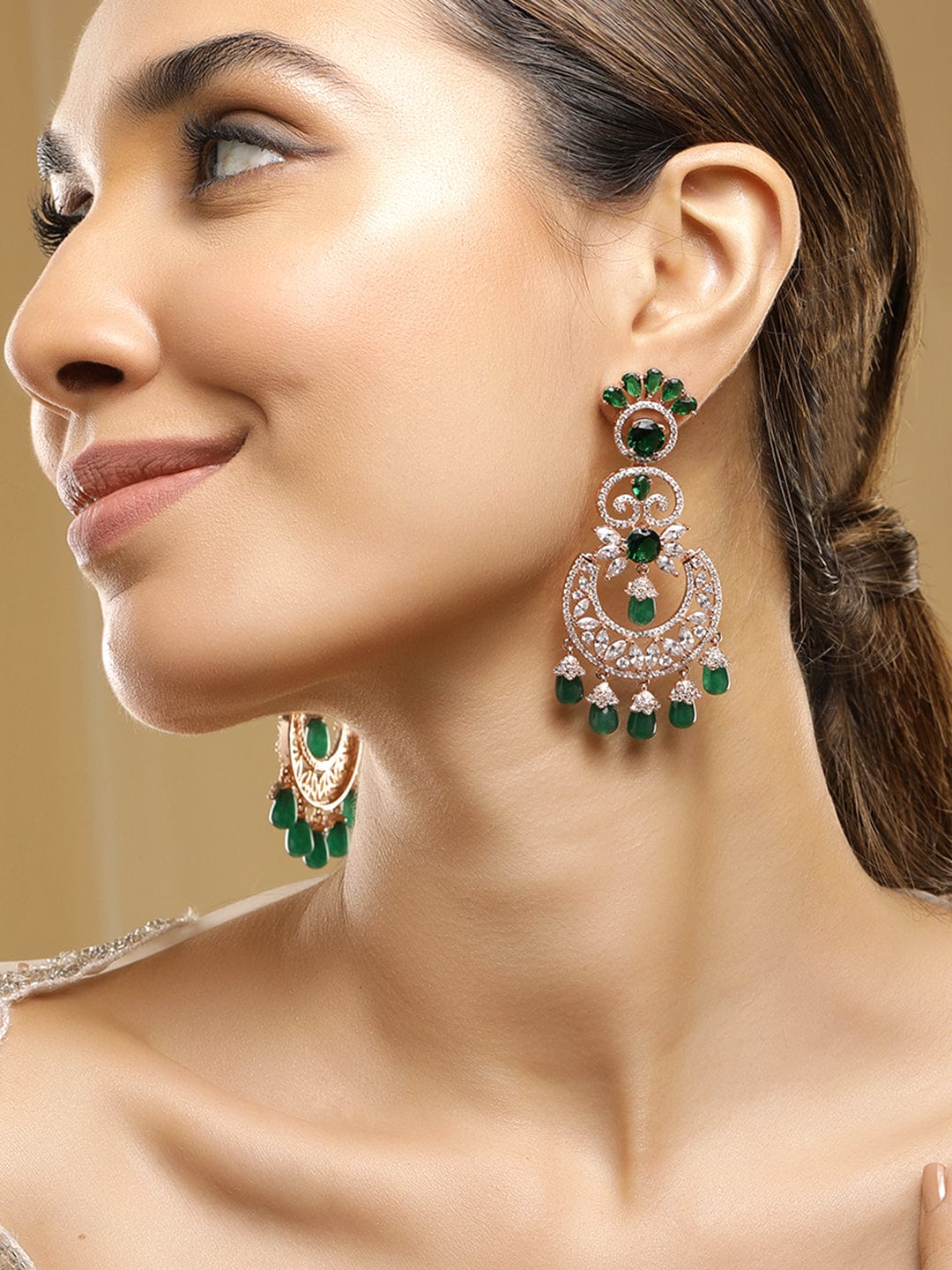 Wentra Rhodium plated Zirconia crystals studded pearl beaded chandelier earrings