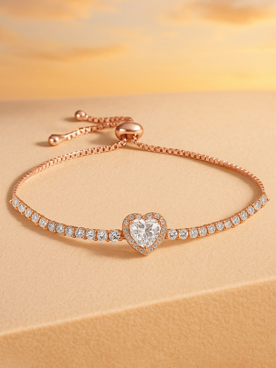 Wentra 18K Rose Gold-Plated Heart-Cut Cubic Zirconia Adjustable Pull Chain Tennis Bracelet