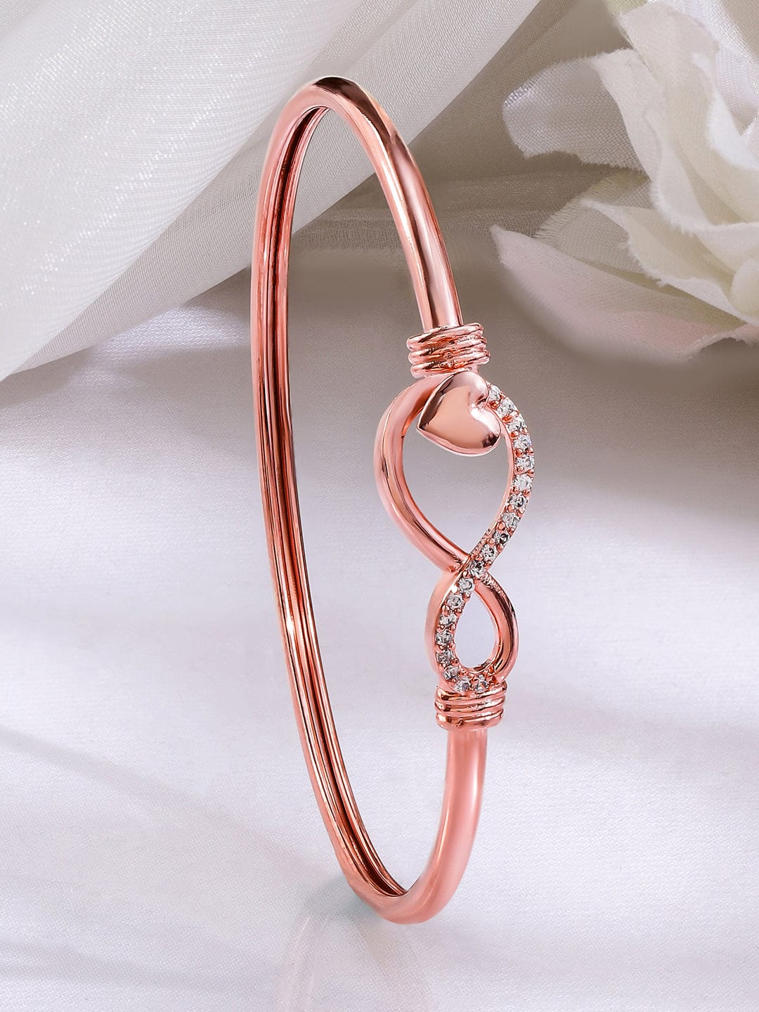 Wentra 18K Rose Gold-Plated Infinity & Heart Motif Crystal Zirconia Studded Sleek Bracelet
